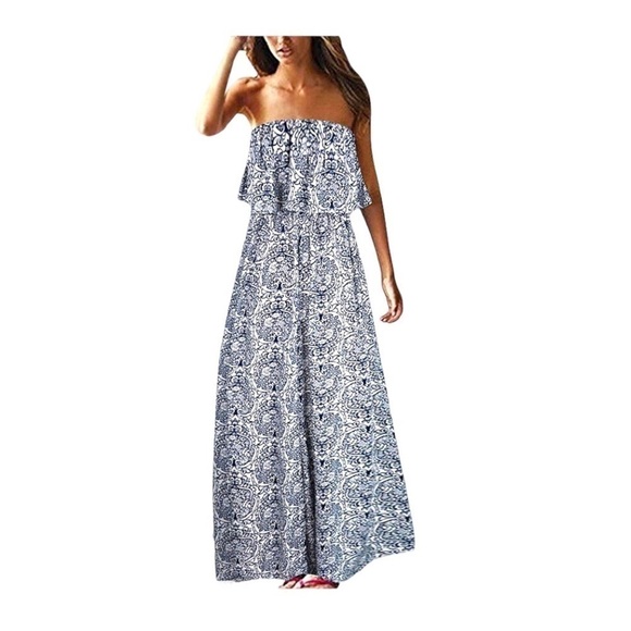 YIDARTON, OFF SHOULDER, SOFT COTTON, MAXI DRESS IN BLUE & WHITE. SIZE M - Picture 1 of 5